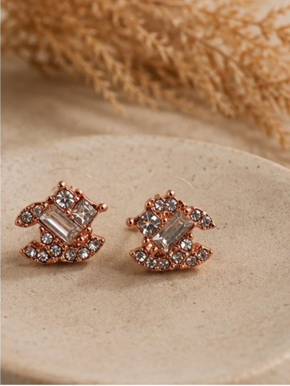 Designer Inspired Rose Gold Crystal Logo Stud Earrings